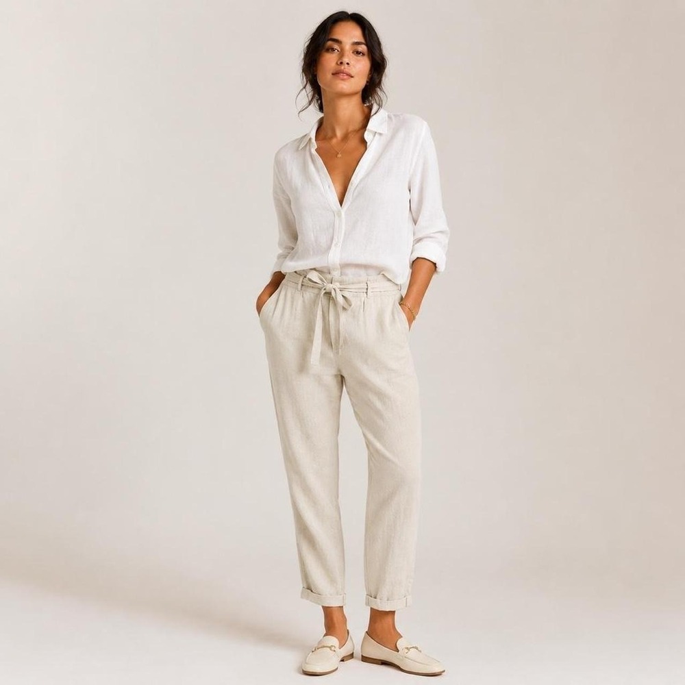 Ellen Tracy 100% linen ankle pants beige coastal old money tie waist size Large